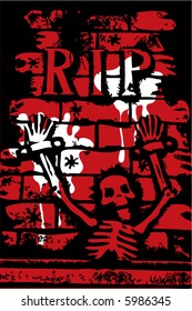 halloween grunge RIP skeleton on wall (vector)