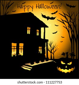 Halloween grunge vector card  or background with house, skull, pumpkin and bat. Vector art.