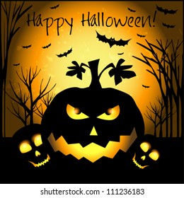 Halloween grunge vector card  or background with skull, pumpkin and bat.  Vector art.