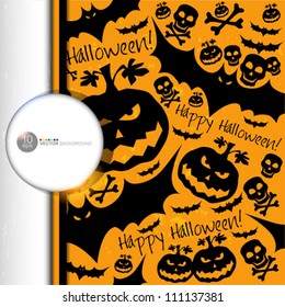 Halloween grunge vector pattern with skull, pumpkin and bat.