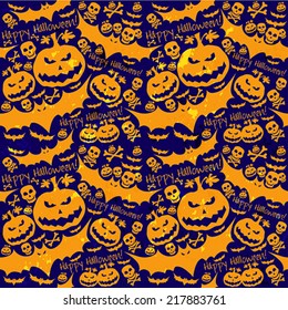 Halloween grunge vector pattern with  skull, pumpkin and bat. Vector art.