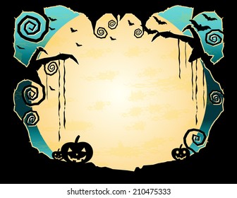 Halloween Grungy Background-Night sky with flying bats and a huge moon surrounded by a gnarled tree frame  - plenty of copy space 
