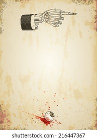 Halloween grungy poster template with skeleton hand and bloody eyeball, vintage styled. Vector illustration, eps10.