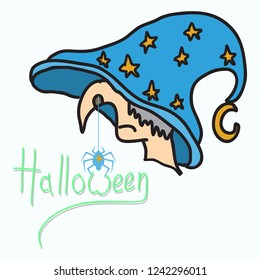 Halloween grungy witch in hat . Lettering greeting cards for all holidays series.