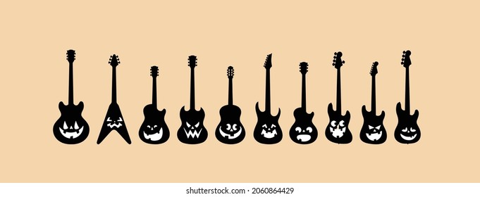 The Halloween guitar set symbol and sign 'funny Halloween face on guitar vector and illustration