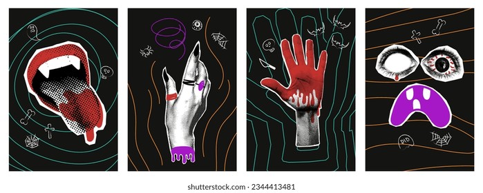 Halloween halftone collage poster set for mixed media design. Witch, monster hands, vampire mouth and crazy eyes. Spooky modern cut out elements and doodles. Vector illustration
