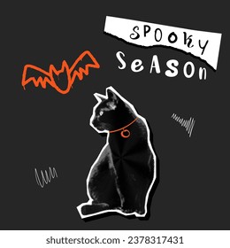 Halloween halftone collage poster set for mixed media design. Spooky modern cut out elements. Ripped paper piece style. Dotted vintage illustration. Black cat. Vector illustration.