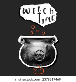 Halloween halftone collage poster set for mixed media design. Pot with potion. Spooky modern cut out elements. Ripped paper piece style. Dotted vintage illustration.