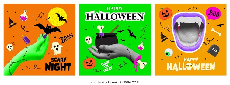 Modelos de cartaz de colagem de meio-tom de Halloween definidos para design de mídia mista. Olhos de monstro, mãos zumbis, boca de vampiro. Moderno assustador recortar elementos e rabiscos. Ilustração de vetor de pop art na moda