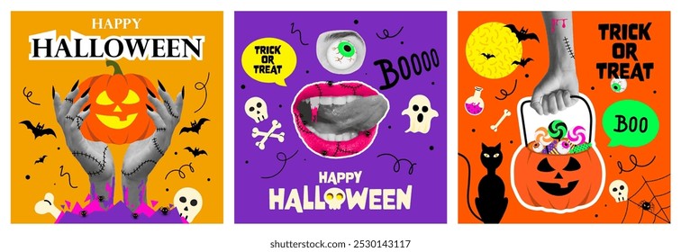 Modelos de cartaz de colagem de meio-tom de Halloween definidos para design de mídia mista. Olhos de monstro, mãos zumbis, boca de vampiro. Moderno assustador recortar elementos e rabiscos. Ilustração de vetor de pop art na moda