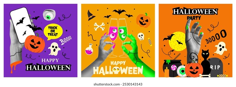 Conjunto de Plantillas de póster de collage halftone de Halloween para diseño de medios mixtos. Ojos de monstruo, manos de zombi, boca de vampiro. Espeluznantes Elementos cortados modernos y garabatos. Ilustración vectorial de arte pop de moda