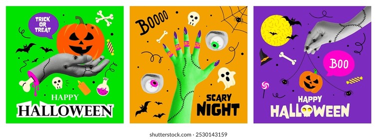 Halloween halftone collage poster templates set for mixed media design. Monster eyes, zombie hands, vampire mouth. Spooky modern cut out elements and doodles. Trendy pop art vector illustration