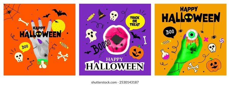 Modelos de cartaz de colagem de meio-tom de Halloween definidos para design de mídia mista. Olhos de monstro, mãos zumbis, boca de vampiro. Moderno assustador recortar elementos e rabiscos. Ilustração de vetor de pop art na moda