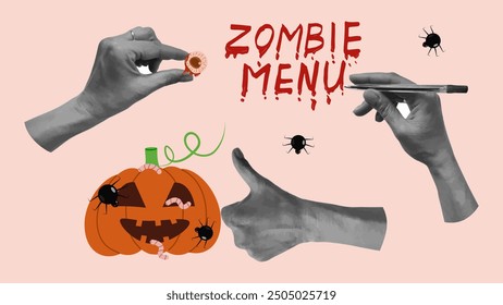 Halloween halftone collage set hands. Cut paper. Hand gestures. Zombie menu. Creepy pumpkin with worm eyes and spiders. Effect cut paper from newspaper. Design banner festive party advertising. 