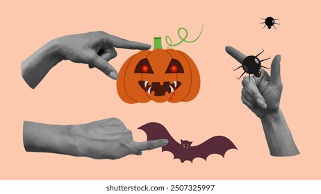 Halloween halftone collage set hands. Cut paper. Hand gestures. Creepy pumpkin vampire. Effect cut paper from newspaper. Modern design banner poster festive party advertising materials. Vector.