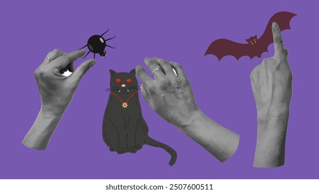 Halloween halftone collage set hands. Cut paper. Hand gestures. Creepy vampire cat bat and spider. Effect cut paper from newspaper. Modern design poster festive party advertising materials. Vector.