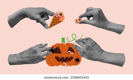 Halloween halftone collage set hands. Cut paper. Hand gestures. Zombie food. Creepy pumpkin ice cream eye. Effect cut paper from newspaper. Design poster festive party advertising materials. Vector.