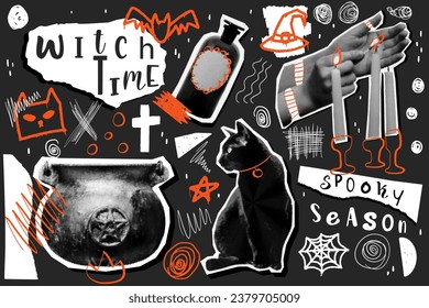 Halloween Halftone Collage Set für gemischtes Mediendesign. 
Gespitzte, moderne Schnittelemente. Reißverzierter Papierstückstil. Dotted Vintage Illustration, urban graffiti. Katze, Topf, Tränke, Hand mit Kerze.