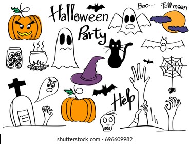 Halloween hand draw doodle such as pumpkin , black cat, ghost , gravestone and bats.