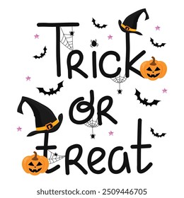 Halloween hand draw trick or treat lettering illustration on white isolated background. Magic cap, pumpkin, spider web, bats - traditional symbols of Halloween holiday night. For postcards, banners.