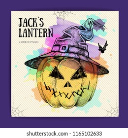 Halloween hand drawing pumpkin Jack Lantern vector illustration. Halloween greeting card