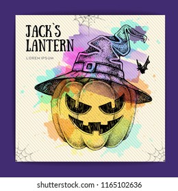 Halloween hand drawing pumpkin Jack Lantern vector illustration. Halloween greeting card