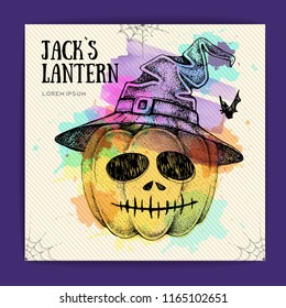 Halloween hand drawing pumpkin Jack Lantern vector illustration. Halloween greeting card