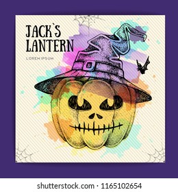 Halloween hand drawing pumpkin Jack Lantern vector illustration. Halloween greeting card