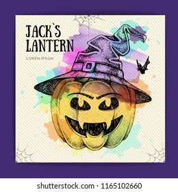 Halloween hand drawing pumpkin Jack Lantern vector illustration. Halloween greeting card