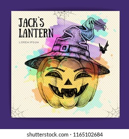 Halloween hand drawing pumpkin Jack Lantern vector illustration. Halloween greeting card