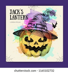 Halloween hand drawing pumpkin Jack Lantern vector illustration. Halloween greeting card