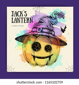 Halloween hand drawing pumpkin Jack Lantern vector illustration. Halloween greeting card