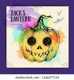Halloween hand drawing pumpkin Jack Lantern vector illustration. Halloween greeting card