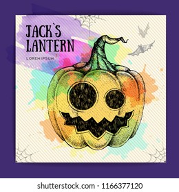 Halloween hand drawing pumpkin Jack Lantern vector illustration. Halloween greeting card