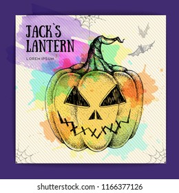 Halloween hand drawing pumpkin Jack Lantern vector illustration. Halloween greeting card