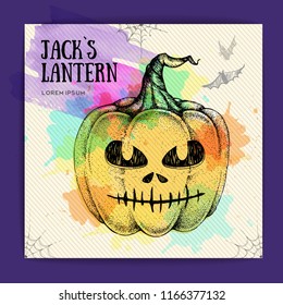 Halloween hand drawing pumpkin Jack Lantern vector illustration. Halloween greeting card