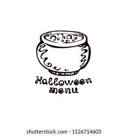 Halloween hand drawn boiler with handwritten phrase isolated on white background. Inscription: Halloween menu
