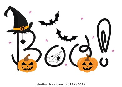 Halloween hand drawn boo lettering illustration with pumpkin, bat, magic cap. Cute Halloween elements in cartoon flat style. For banners, cards, seasonal design.