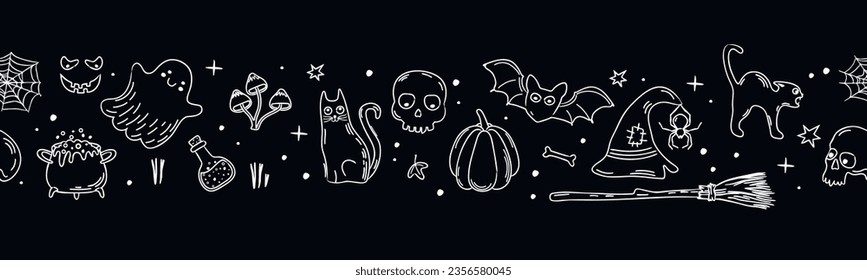 Borde dibujado a mano de Halloween hecho de contornos en blanco sobre fondo negro.Patrón horizontal sin costuras con calabaza, fantasma, cráneo, escoba, sombrero, gatos, poción, araña, web, murciélago.Elementos de doodle vectores establecidos.