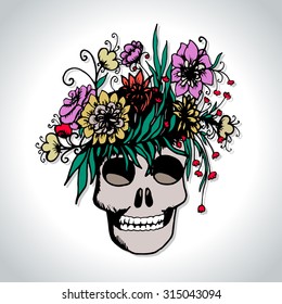 Halloween hand drawn card with skull in flowers. Vector illustration