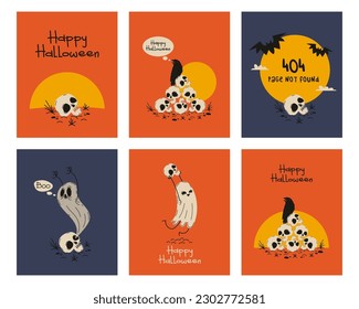 Halloween hand drawn cartoon greeting cards set. Happy halloween posters collection. Vector illustration.