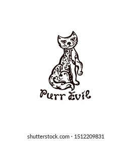 Halloween hand drawn cat with handwritten phrase isolated on white background. Inscription: Purr Evil