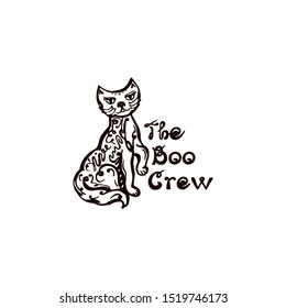 Halloween hand drawn cat with handwritten phrase isolated on white background. Inscription: The Boo Crew