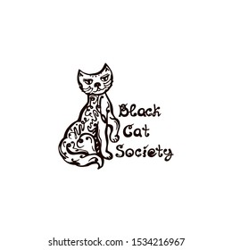 Halloween hand drawn cat with handwritten phrase isolated on white background. Inscription: Black Cat Society