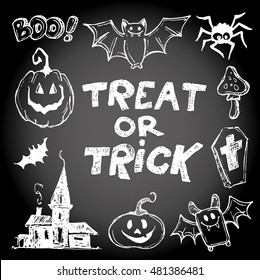 Halloween hand drawn characters and attributes doodle set. Vector illustration.
