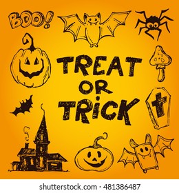 Halloween hand drawn characters and attributes doodle set. Vector illustration.
