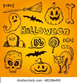 Halloween hand drawn characters and attributes doodle set. Vector illustration.