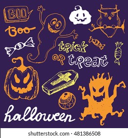 Halloween hand drawn characters and attributes doodle set. Vector illustration.