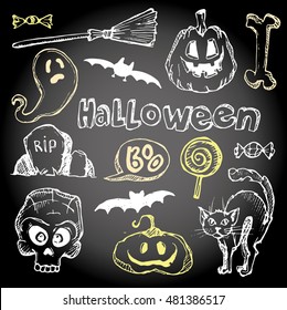 Halloween hand drawn characters and attributes doodle set. Vector illustration.
