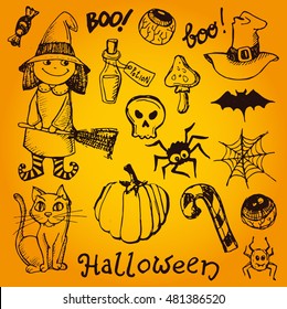 Halloween hand drawn characters and attributes doodle set. Vector illustration.